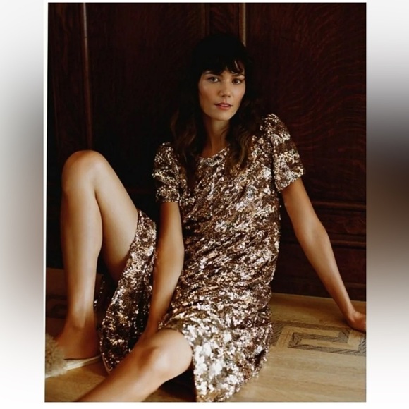 Anthropologie Maeve Rose Gold Sequins Bernadette Tiered Midi Dress Small - Picture 4 of 16